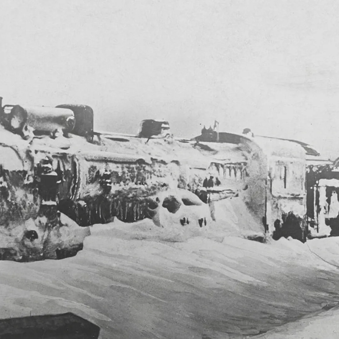 Steam locomotive in winter snow