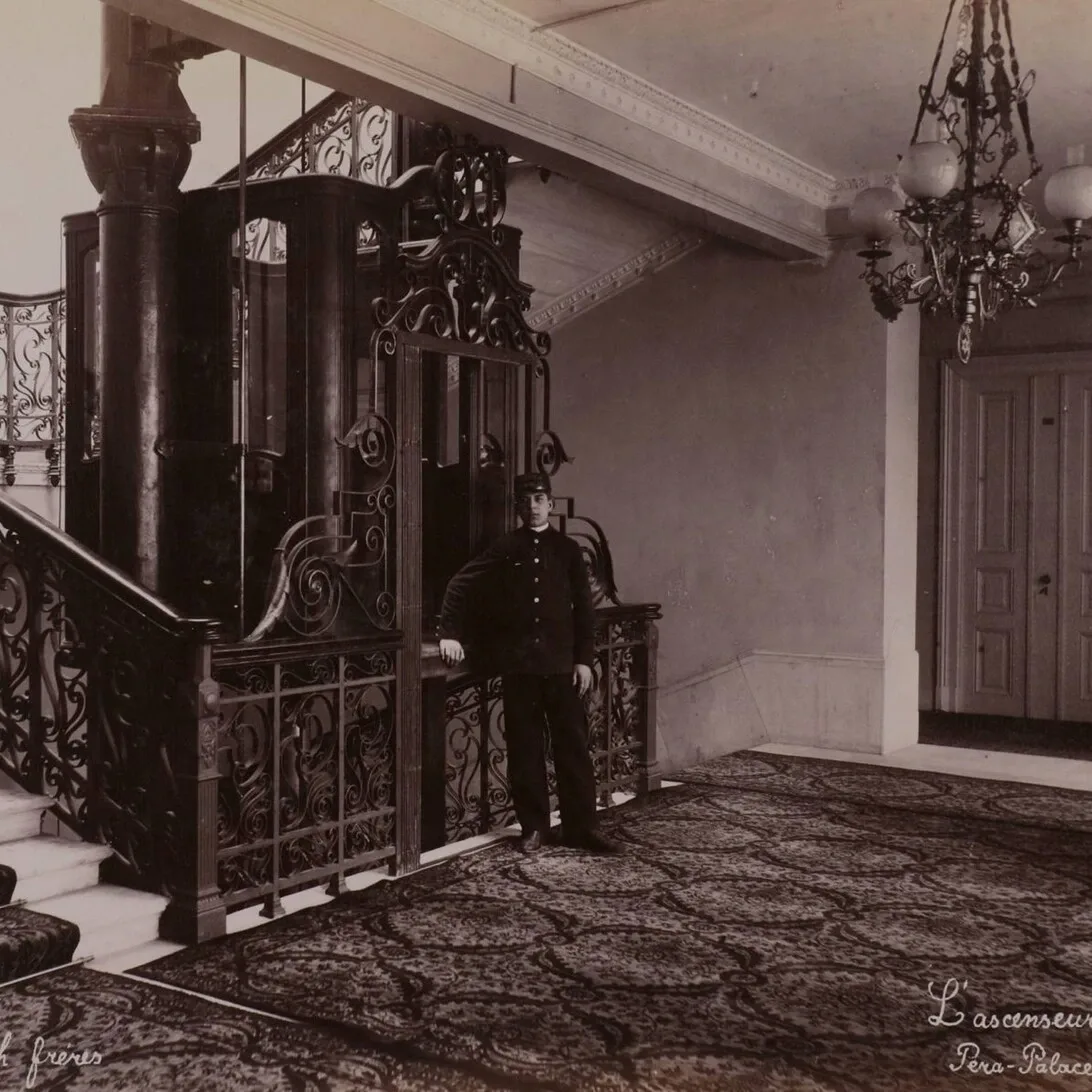 Grand hotel lobby and historic elevator