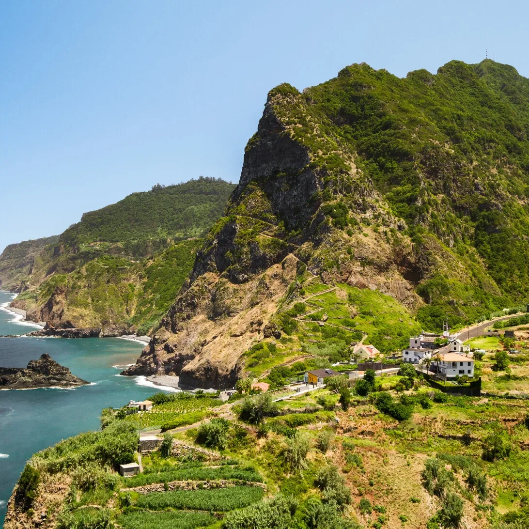 Open ocean horizon and dramatic volcanic islands in Azores