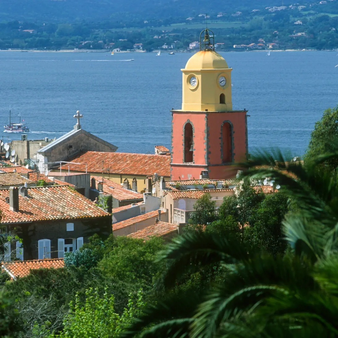 Elevated view of Saint-Tropez coastal town at golden hour