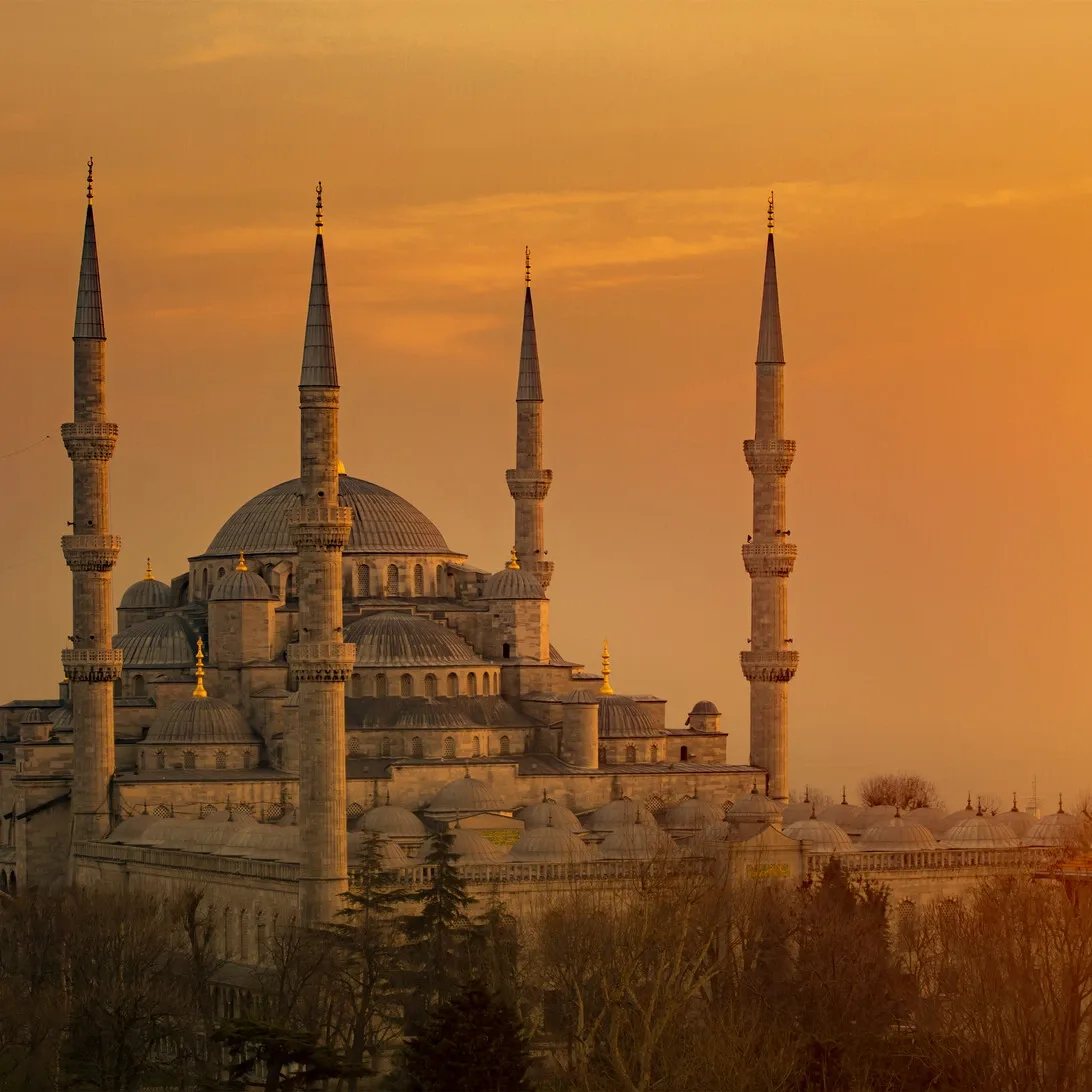 Minarets and skyline of Istanbul at golden hour
