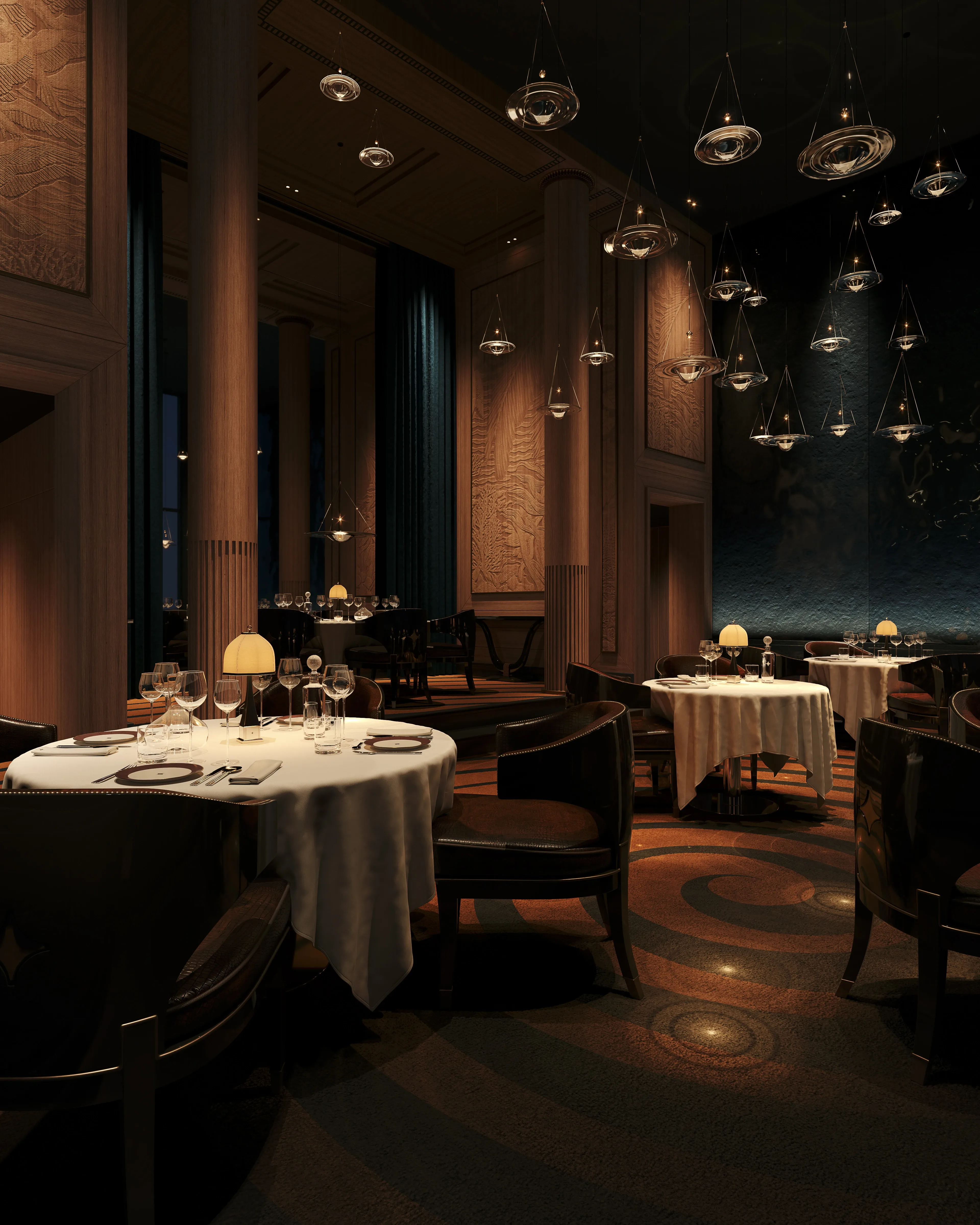 Fine dining restaurant by night