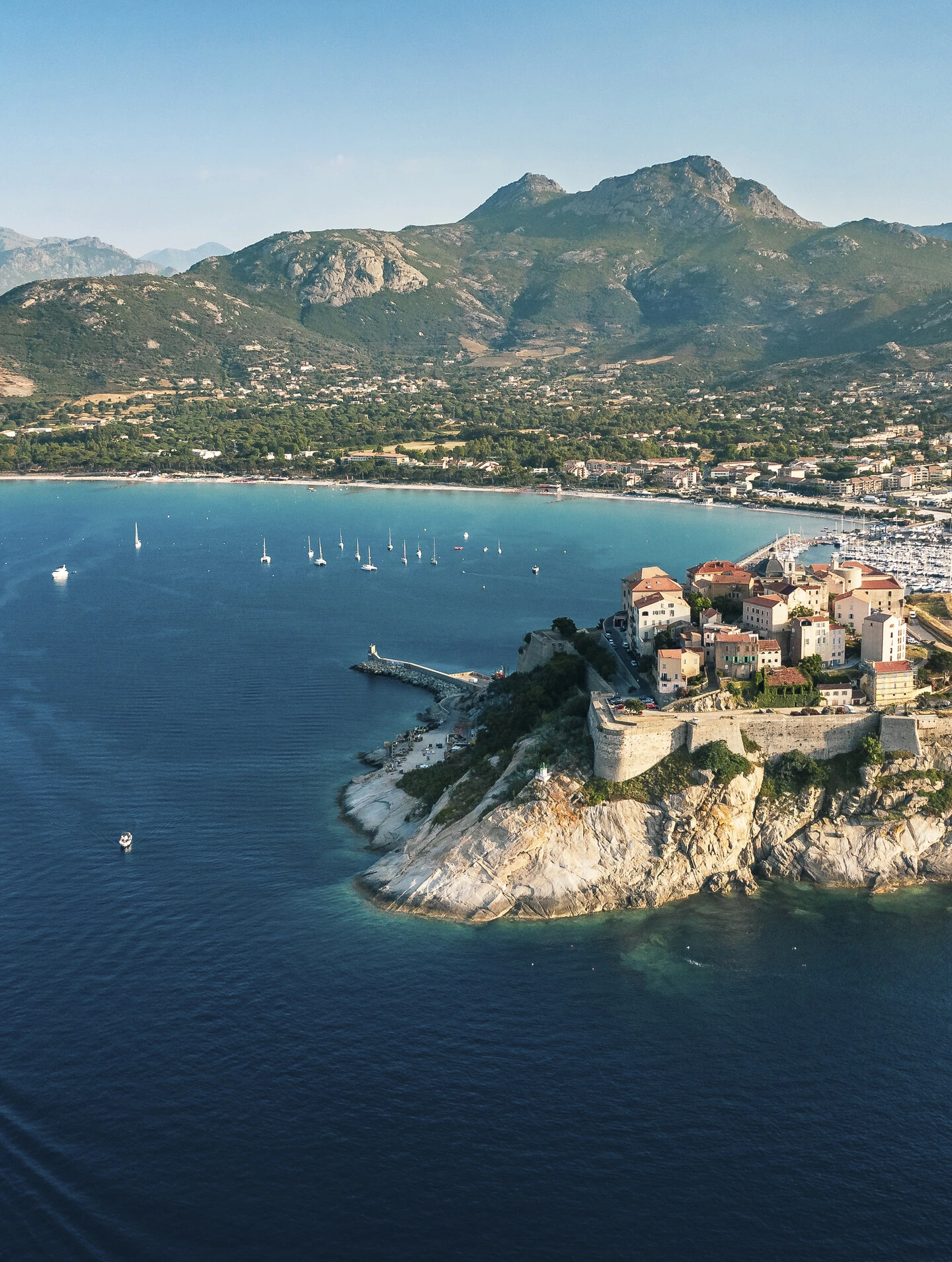 France, Haute-Corse, Calvi, Aerial view of town on shore of Corsica island