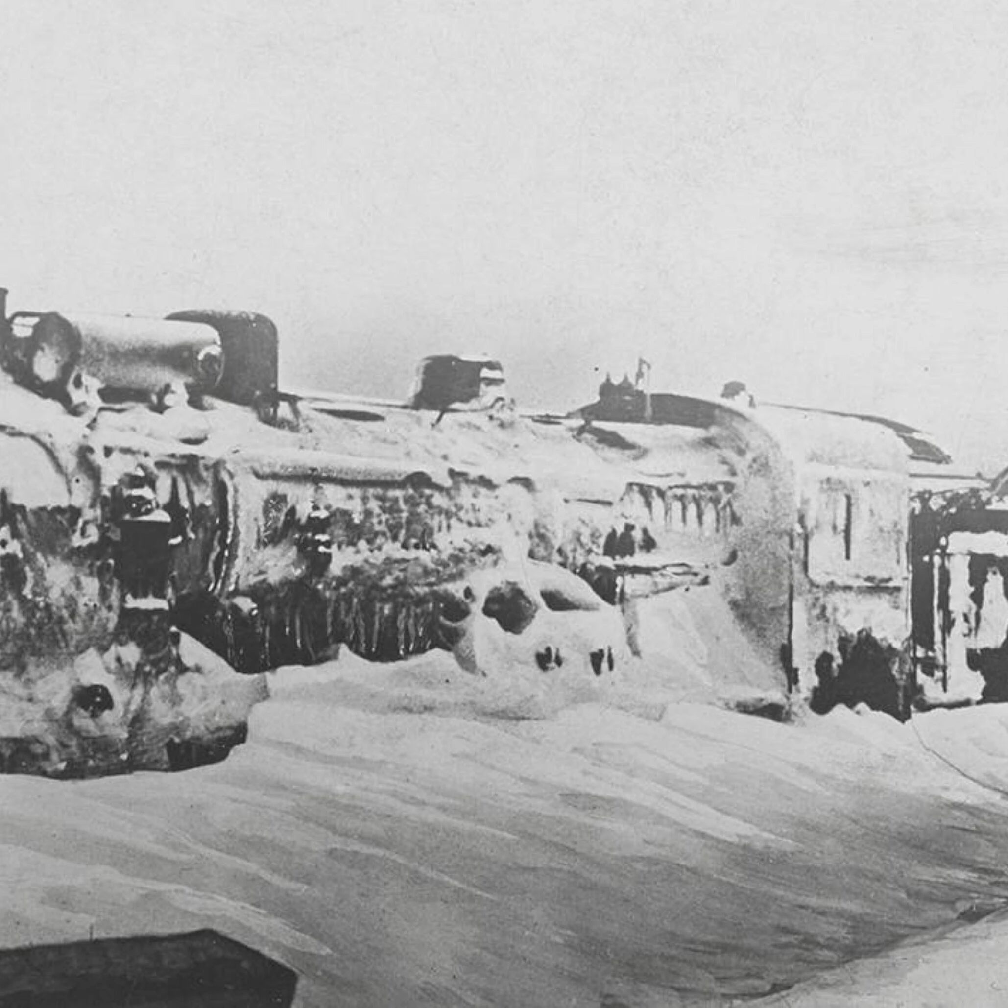 Orient Express locomotive iced and stranded in deep snow, 1934 winter scene evoking Agatha Christie era 