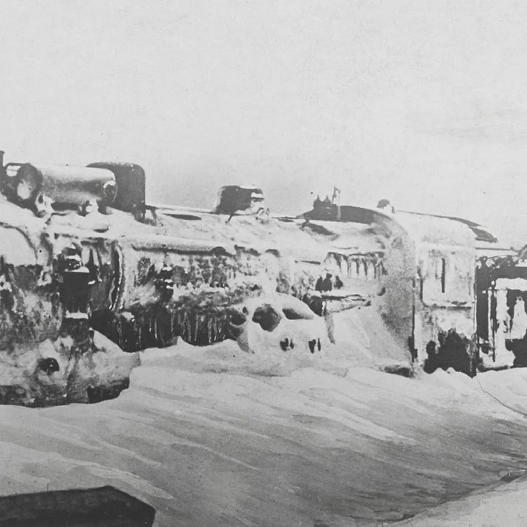 Orient Express locomotive iced and stranded in deep snow, 1934 winter scene evoking Agatha Christie era