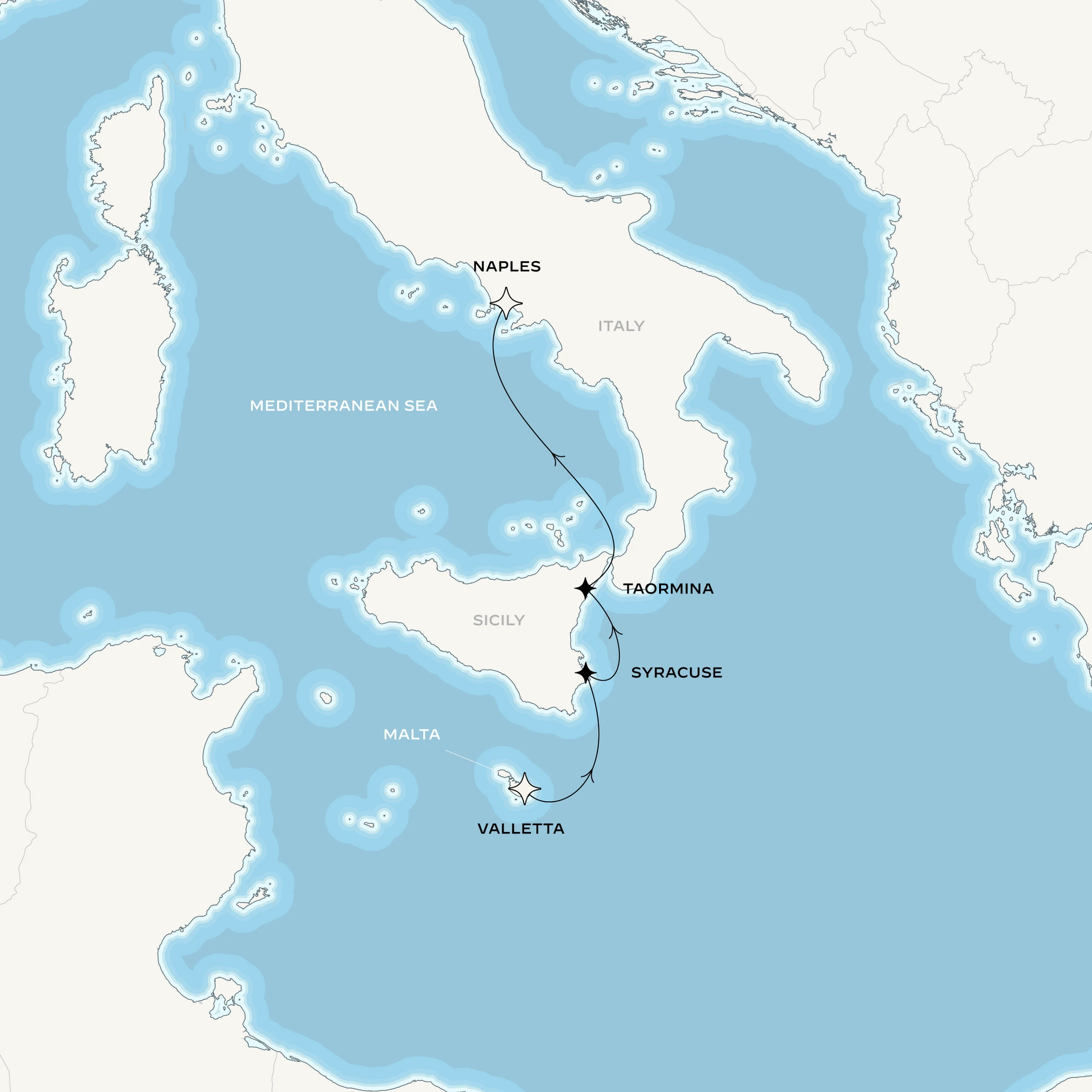 Map itinerary from Valletta to Naples