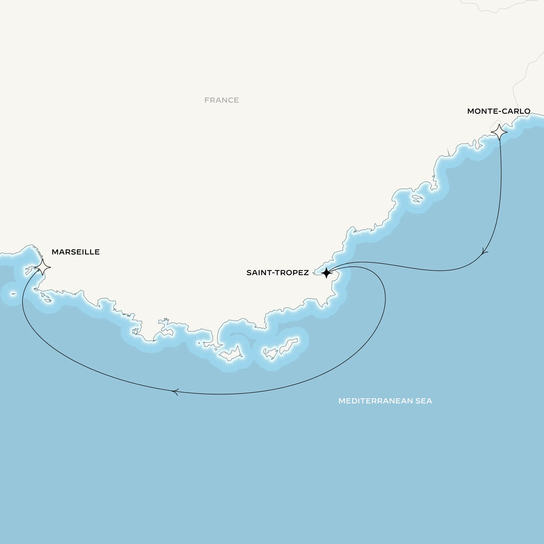 Map itinerary from Monaco to Marseille