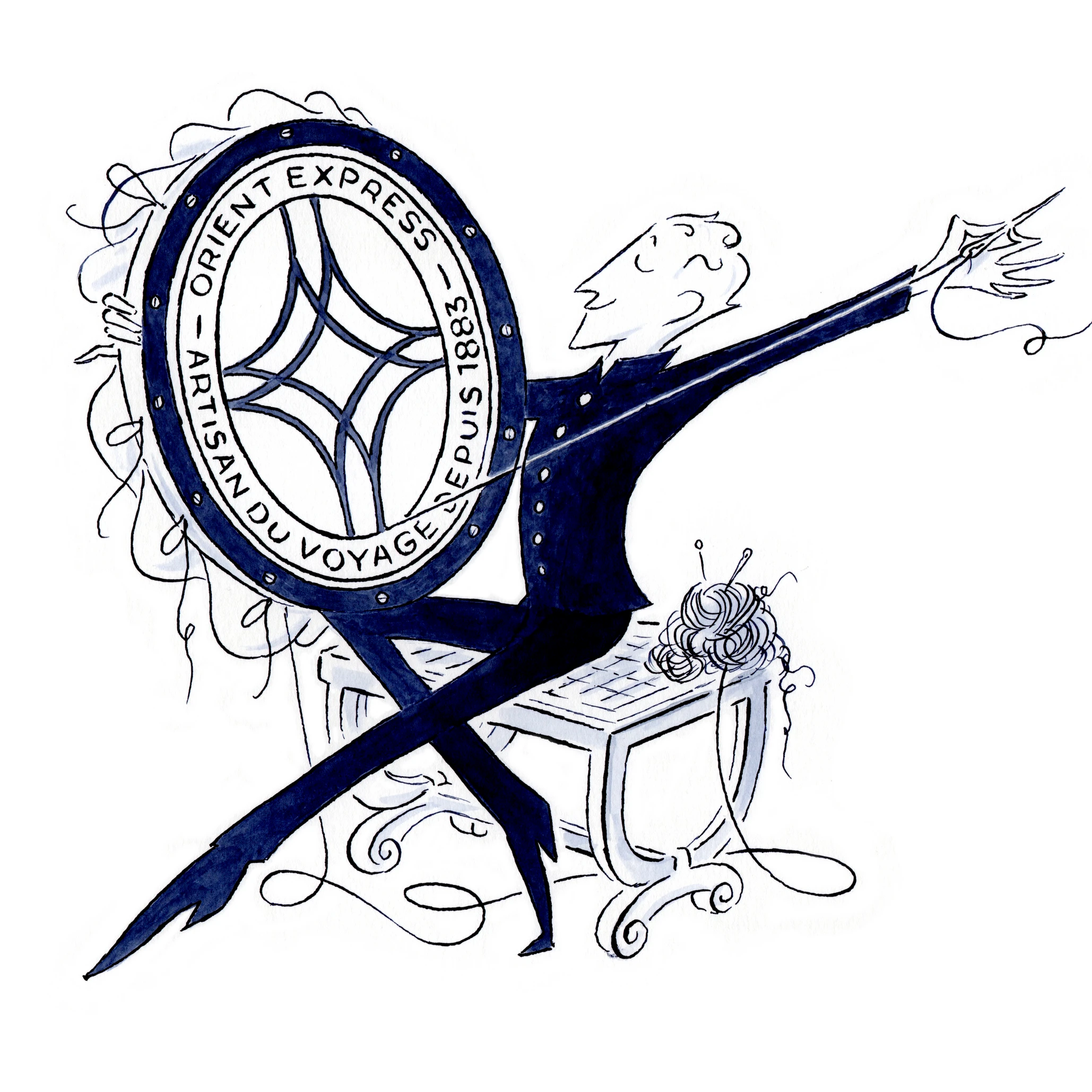  Orient Express logo brodé 'ORIENT EXPRESS - ARTISAN DU VOYAGE - DEPUIS 1883' sur écusson rond tenu par groom sur fond blanc 