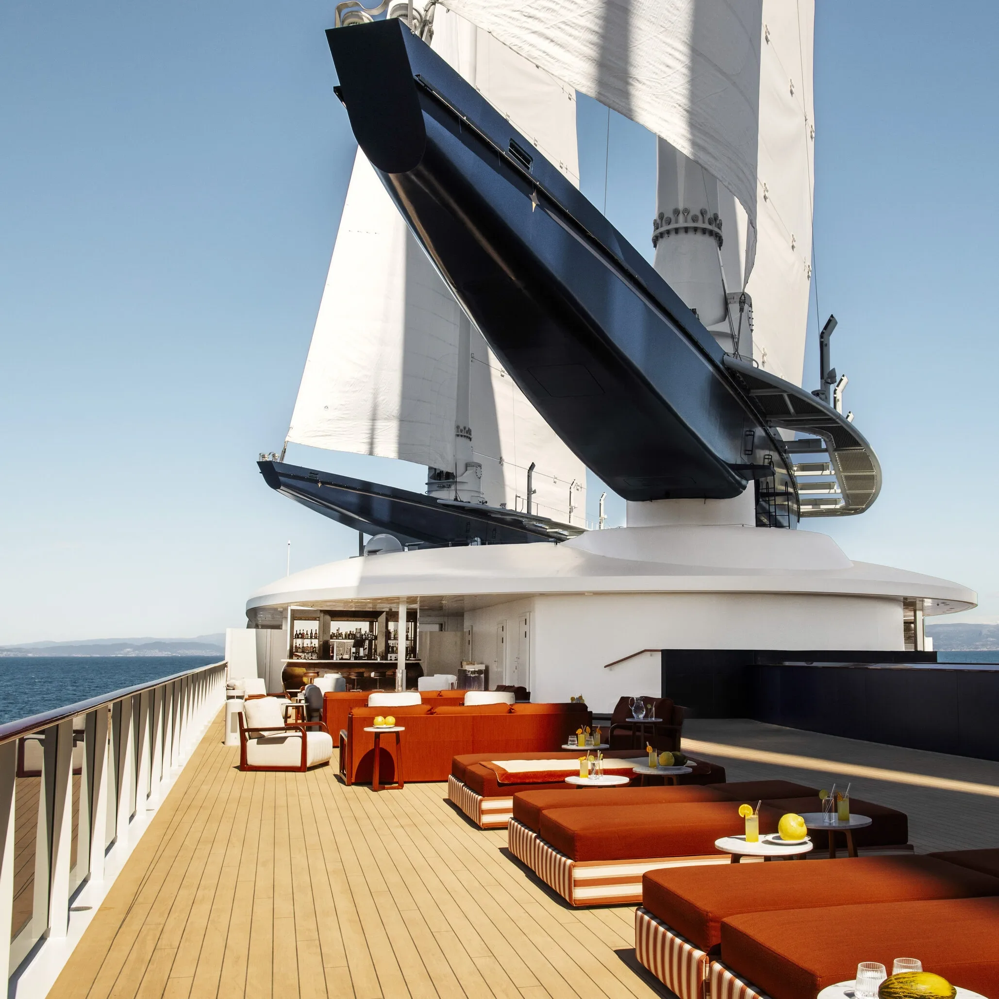 Sunbeds on a sailing yacht's terrace